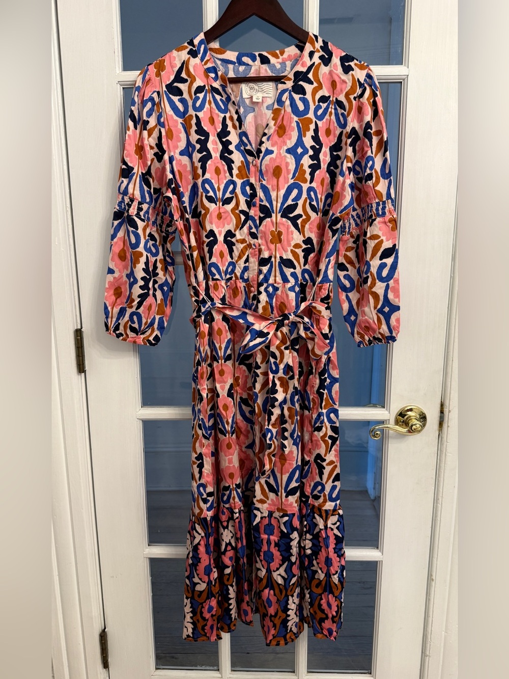 Destination 365 Women’s Floral Boho Belted Tiered Midi Dress Pink Blue M NEW